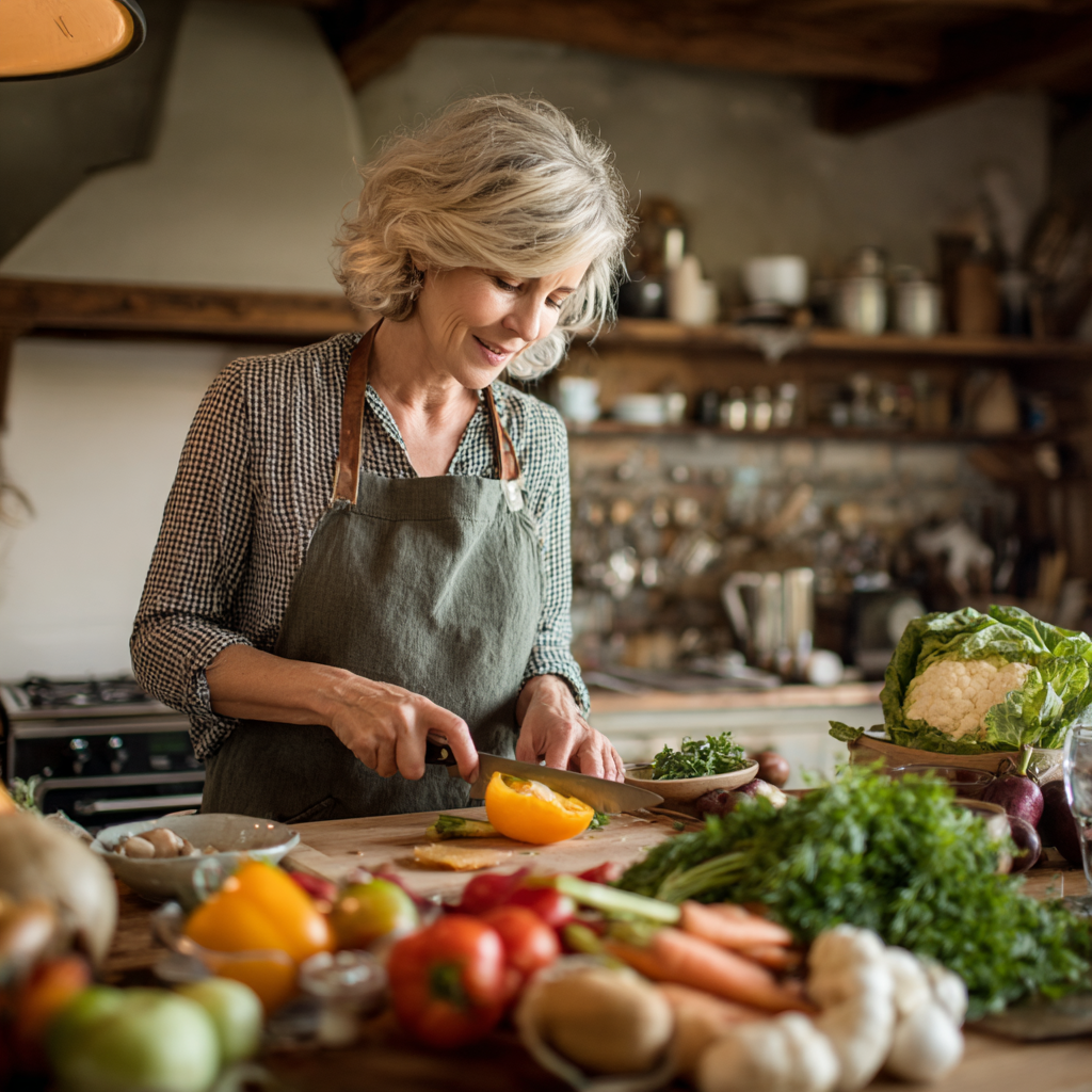 Middle-aged woman preparing healthy meal with fresh vegetables