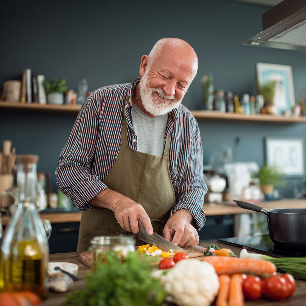 Senior man enjoying cooking with fresh ingredients in modern kitchen